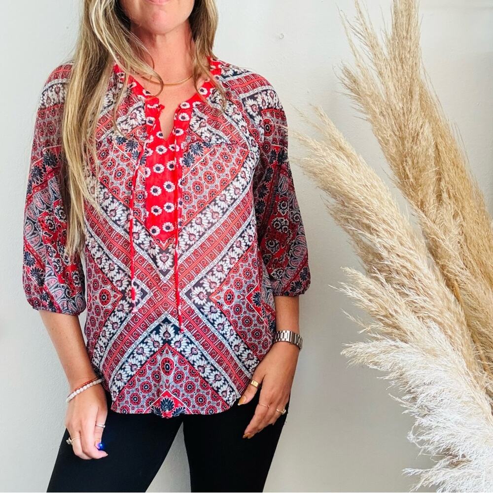 VINTAGE OLIVE H Red White Navy Blue Floral Mandala Sheer Lace Tie Blouse Shirt S